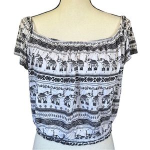 H&M Loves Coachella Elephant Crop Top Off Shoulder Black White Summer Festival L